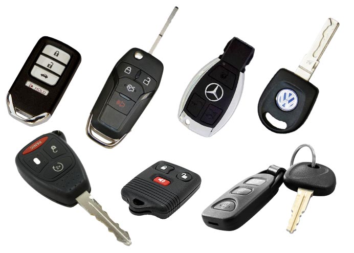 A selection of car key remotes and fobs supplied by Ekasi Locksmith, including flip keys and smart-key fobs
